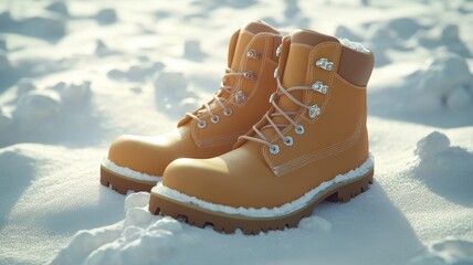 A Pair of light brown winter boots on the snow in a snowdrift under sunlight,Hiking Boot in winter season,fashion for sale,sparkling in the winter sun,Camping boot footwear,copy space.