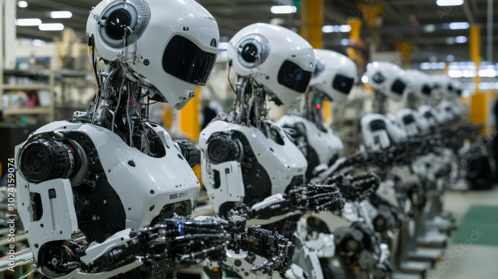 Poster robots build cyborgs and humanoid robots in a factory. engineers create the body, head, and hands of