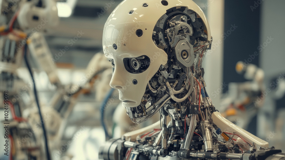 Poster robots build cyborgs and humanoid robots in a factory. engineers create the body, head, and hands of