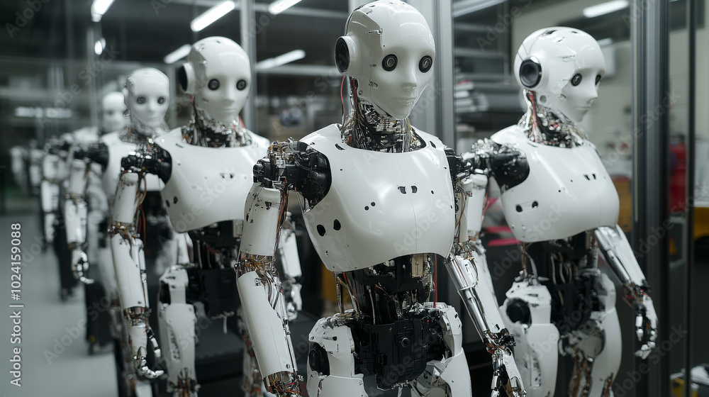 Poster robots build cyborgs and humanoid robots in a factory. engineers create the body, head, and hands of