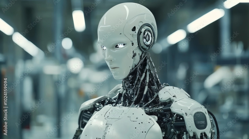 Poster robots build cyborgs and humanoid robots in a factory. engineers create the body, head, and hands of