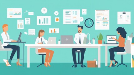 Business colleagues working in office vector, featuring a productive and collaborative work environment