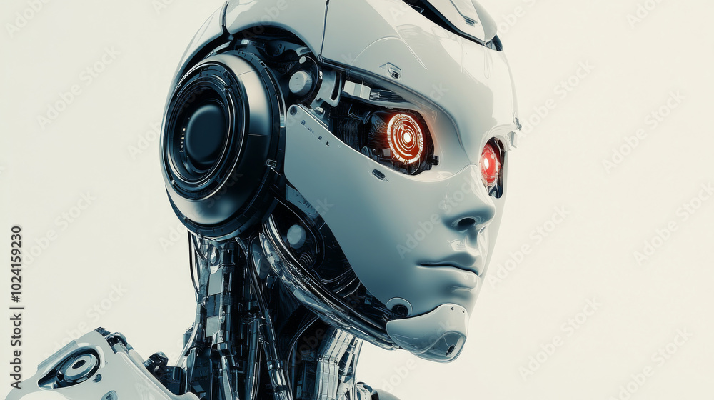Poster a robot or cyborg looks at a digital screen. this shows how artificial intelligence (ai) and machine
