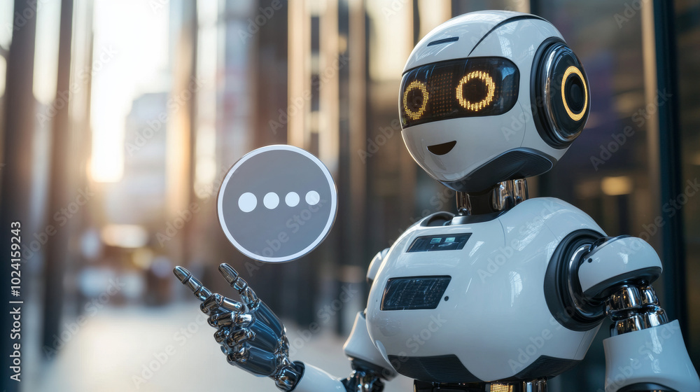 Poster building chatbots for businesses. a robot holding a chat bubble symbolizes how these ai-powered bots