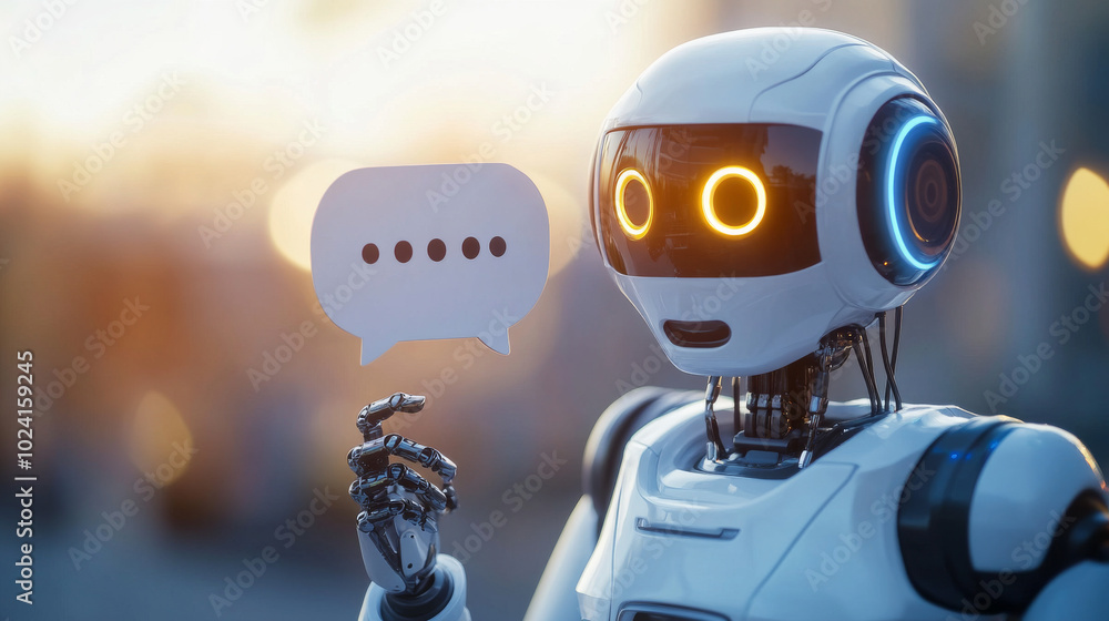 Poster building chatbots for businesses. a robot holding a chat bubble symbolizes how these ai-powered bots