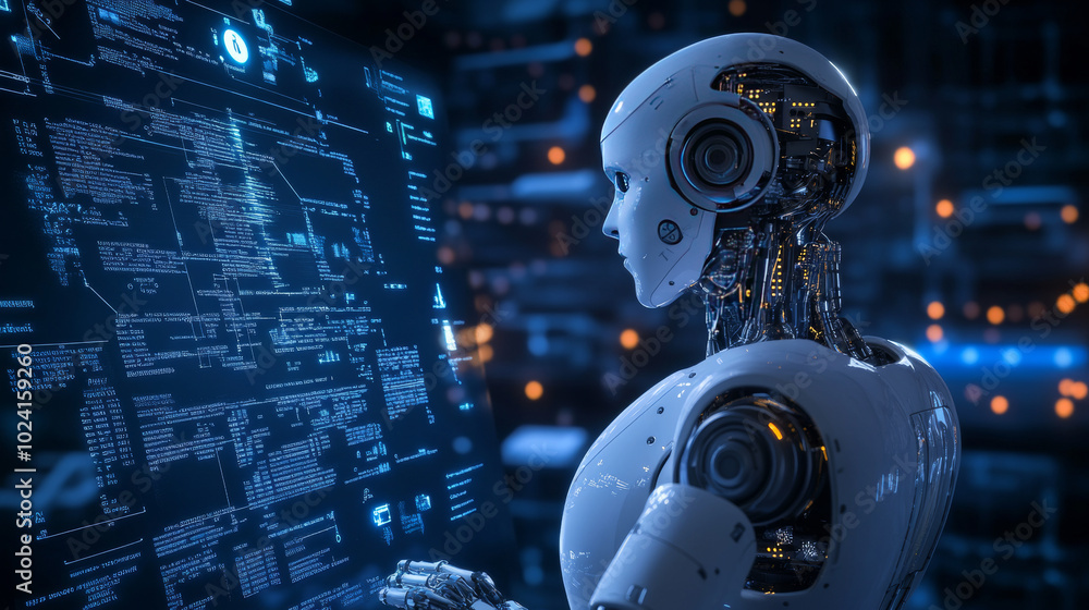Poster a robot or cyborg looks at a digital screen. this shows how artificial intelligence (ai) and machine