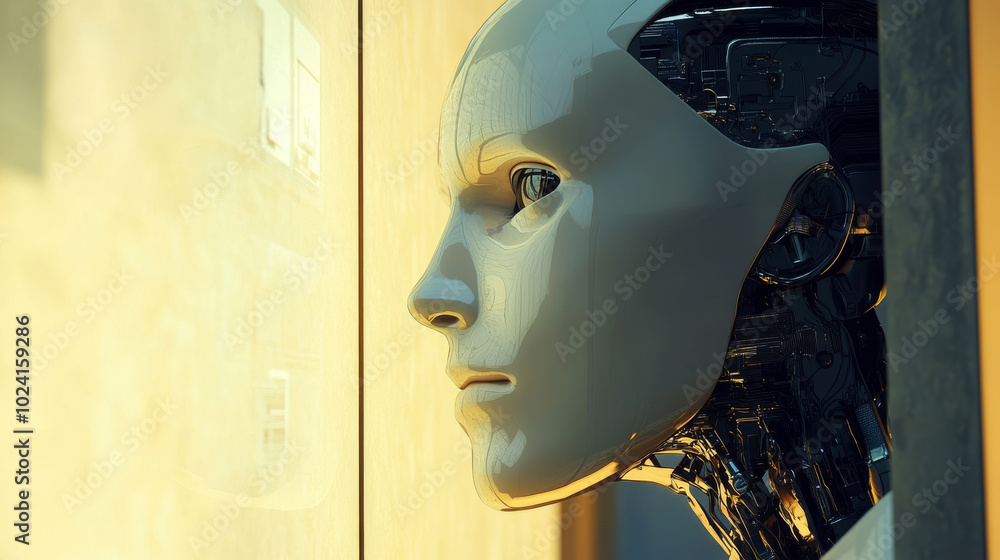 Poster a robot or cyborg looks at a digital screen. this shows how artificial intelligence (ai) and machine