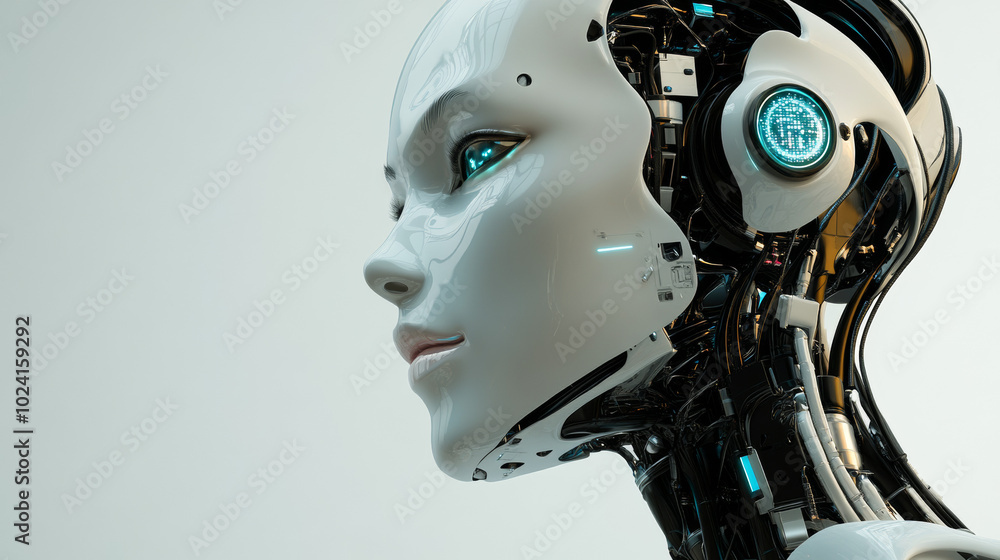 Poster a robot or cyborg looks at a digital screen. this shows how artificial intelligence (ai) and machine