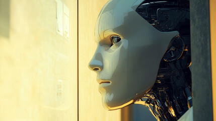 A robot or cyborg looks at a digital screen. This shows how artificial intelligence (AI) and machine learning are changing technology today. The image is created using 3D computer graphics.