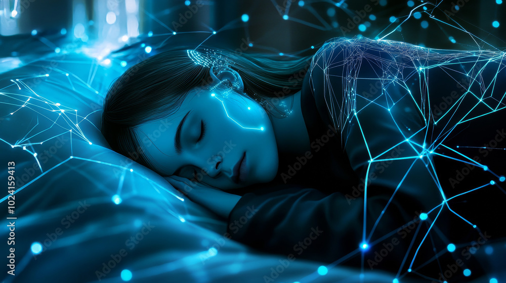 Poster a robot woman,curled up and asleep in a digital world,is connected to a network of data signals.the 