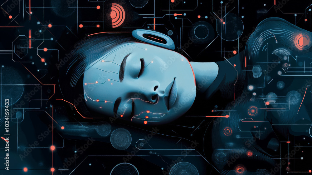 Poster a robot woman,curled up and asleep in a digital world,is connected to a network of data signals.the 