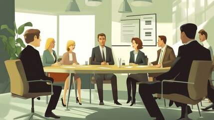 Business meeting vector illustration, featuring characters gathered around a table discussing strategies in an office