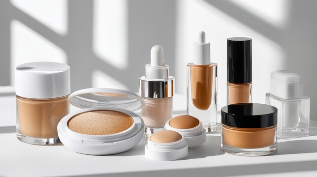 Bottles of makeup foundation and cushion,Collection of skin foundation bottles in different shades and samples on color background,makeup essentials,Cushion Foundation liquid and swatche,copy space.