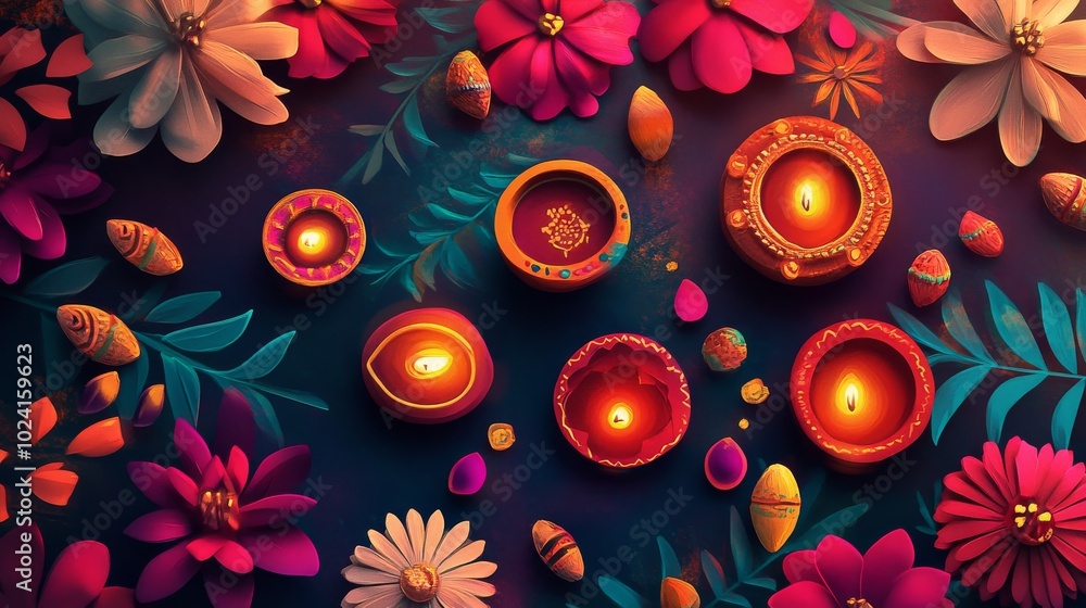 Poster a colorful display of candles and flowers on a blue background. the candles are arranged in a way th