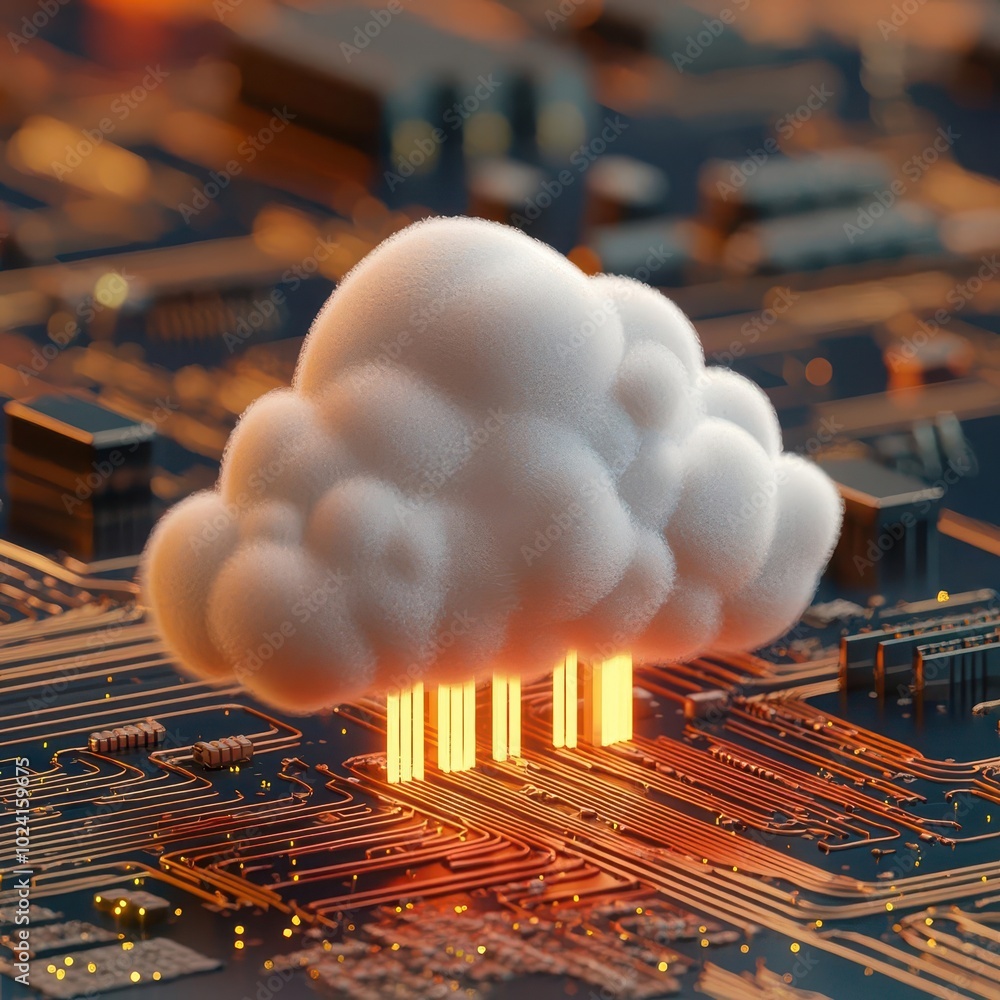 Poster A futuristic cloud floats above a circuit board, symbolizing cloud computing and advanced technology.
