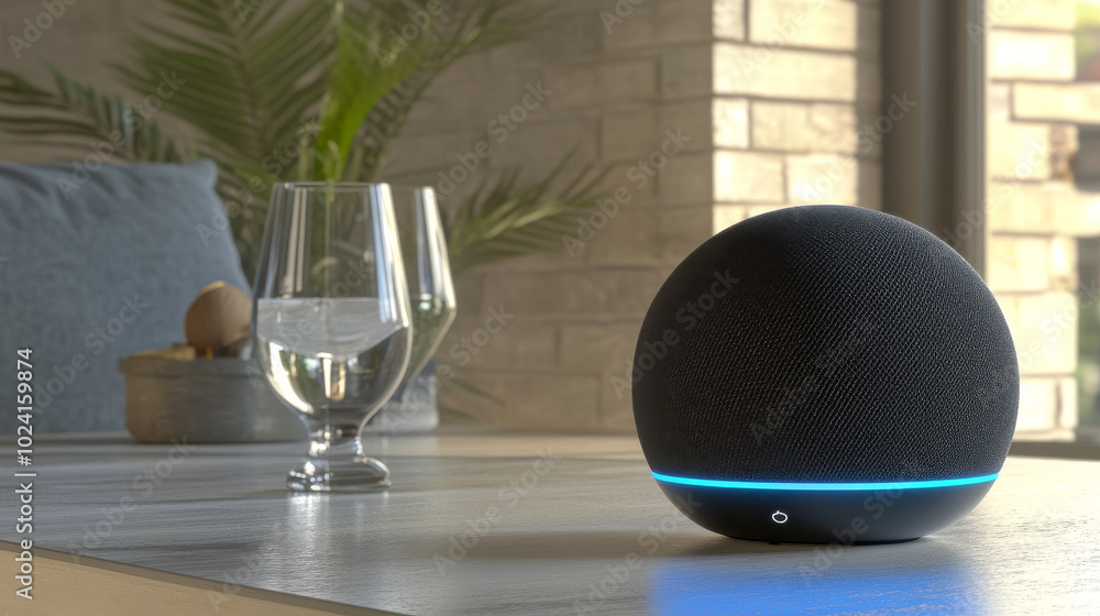 Poster a smart speaker lets you control your home with your voice. it can talk to you and answer your quest