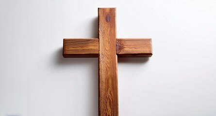 Crucifijo de madera, símbolo en forma de cruz de madera de pino lisa, fondo sólido con sombras suaves