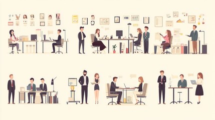 Business people flat design vector set, showing professionals working together on various tasks in a modern office