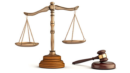 A wooden gavel and a golden scale of justice on white background. A golden scale of justice with a gavel. symbolizing balance and law in court.