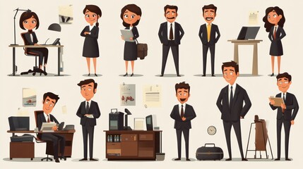 Business staff vector design set, showcasing a variety of characters in different roles within a corporate office