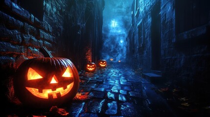 Spooky Halloween alley with glowing jack o' lanterns and misty atmosphere