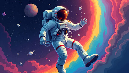Fototapeta premium Colorful Illustration of an Astronaut Floating in Space Rainbow Spacewalk