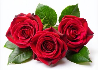 Three Vibrant Red Roses with Green Leaves on White Background - Perfect for Floral Decor and Nature Photography