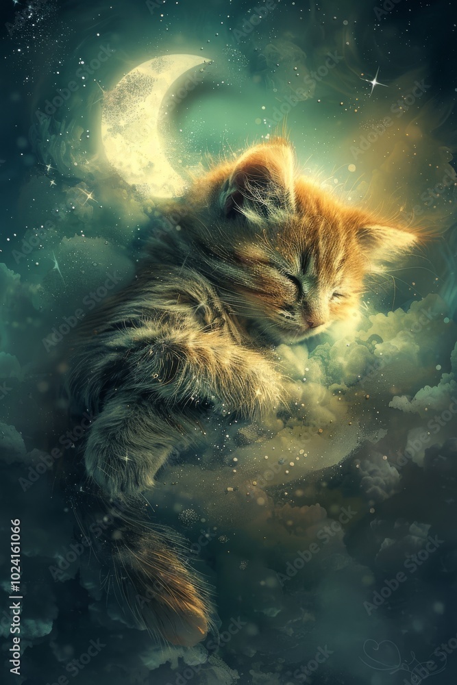 Poster a cat is sleeping under a moon in the sky. the cat is curled up and he is very relaxed. the image ha