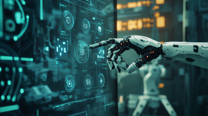 An AI-powered robot takes over the factory, controlling operations through a robotic arm. The AI manages the factory's automation using a user-friendly interface with icons.