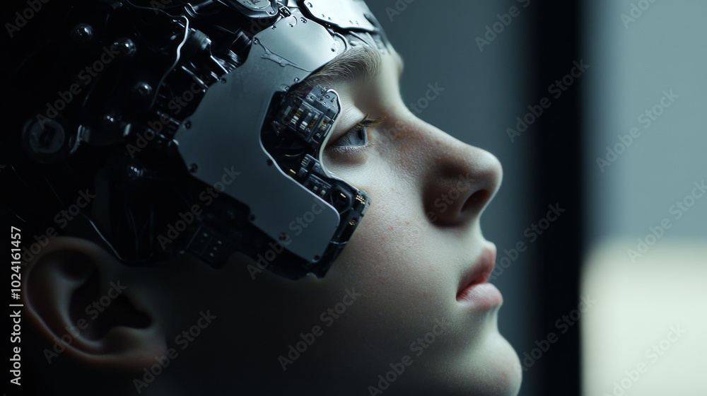Poster the robot's face was open, ready for a new brain. an artificial intelligence processor, like a core,