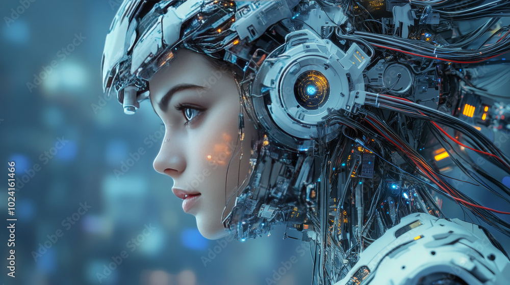 Poster a robot with wires, surrounded by digital data. a beautiful woman with artificial intelligence, part