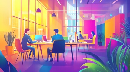 Business team vector illustration, working together in a colorful office with a focus on innovation and cooperation