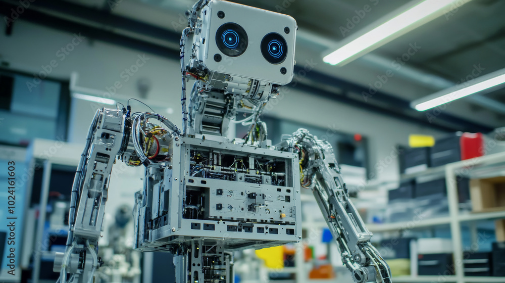 Poster a robot with artificial intelligence is being built in a factory. this is an example of automation i