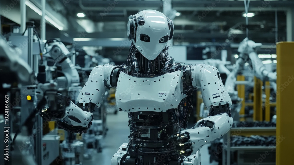 Poster a robot with artificial intelligence is being built in a factory. this is an example of automation i