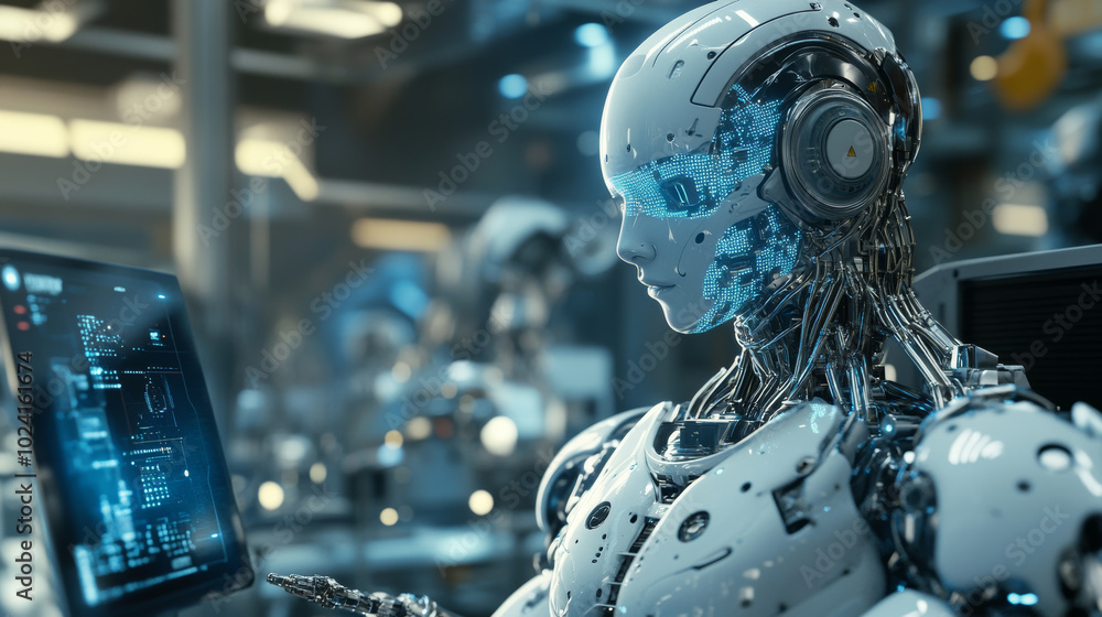Poster a robot with artificial intelligence is being built in a factory. this is an example of automation i