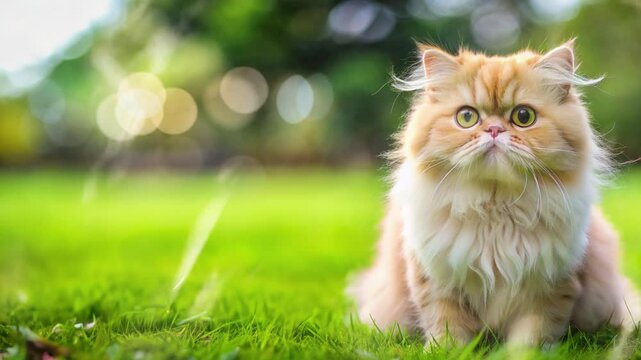 persian cat sitting on green grass with blur background