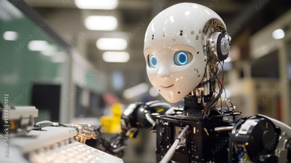 Poster a robot is being programmed with artificial intelligence, showing how ai is changing the way we work