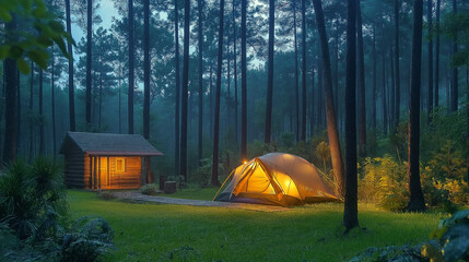 Serene campsite surrounded by tall pine trees and greenery, with cozy lighting for a tranquil atmosphere.