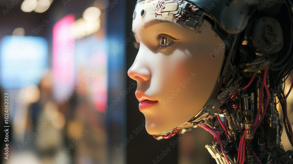 Poster an ai chatbot, like a robot or cyborg, can talk to you online. it uses messaging to help with techni