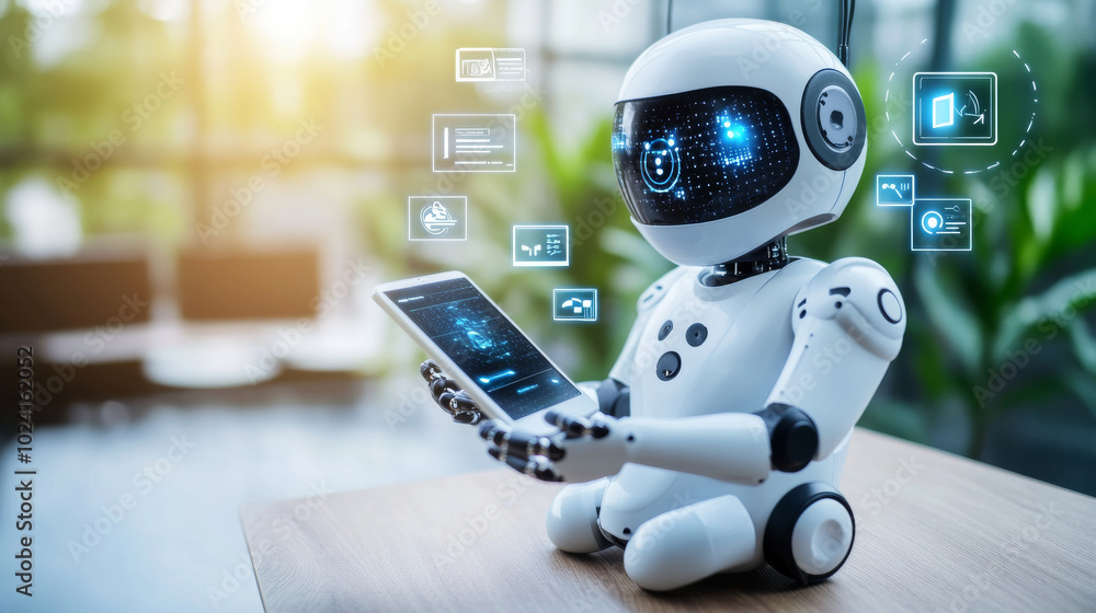 Poster an ai chatbot, like a robot or cyborg, can talk to you online. it uses messaging to help with techni