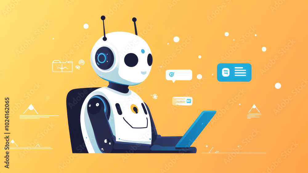 Poster an ai chatbot, like a robot or cyborg, can talk to you online. it uses messaging to help with techni
