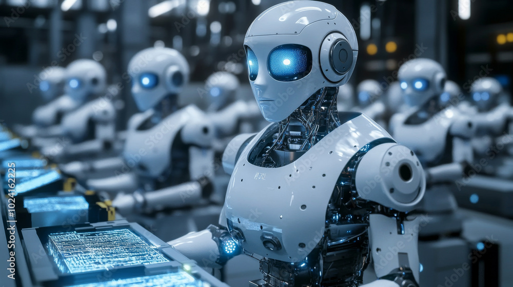 Poster smart robots with ai are changing factories. these robots, controlled by ai, use the internet to mak