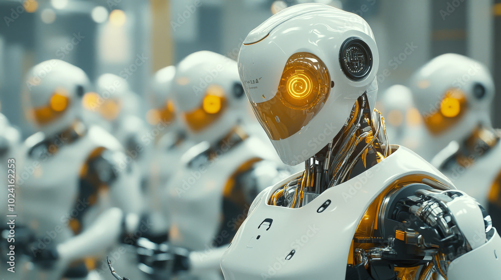 Poster smart robots with ai are changing factories. these robots, controlled by ai, use the internet to mak