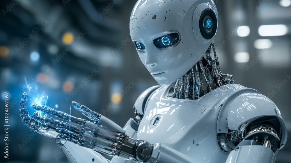 Poster smart robots with ai are changing factories. these robots, controlled by ai, use the internet to mak