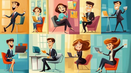 Cartoon vector set of business people, showcasing different office activities in a colorful and lively style