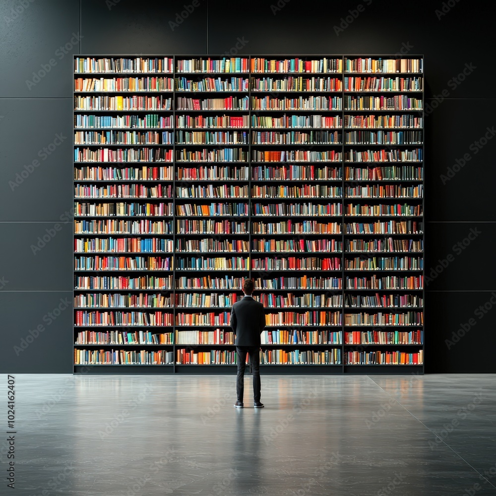 Poster a person standing in front of a library, symbolizing the endless resources for learning.