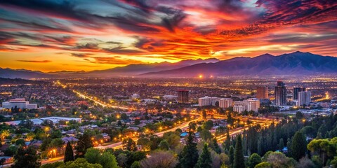 Twilight Sunset Over San Bernardino Skyline, California - Captivating Cityscape with Vibrant Colors and Tranquil