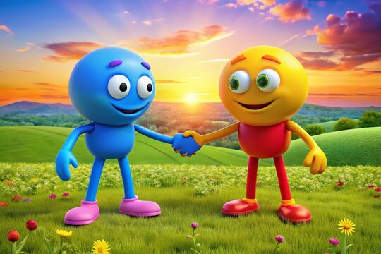 Two Animated Characters Shake Hands, Symbolizing Friendship and Partnership in a Cheerful and Colorful Style for All
