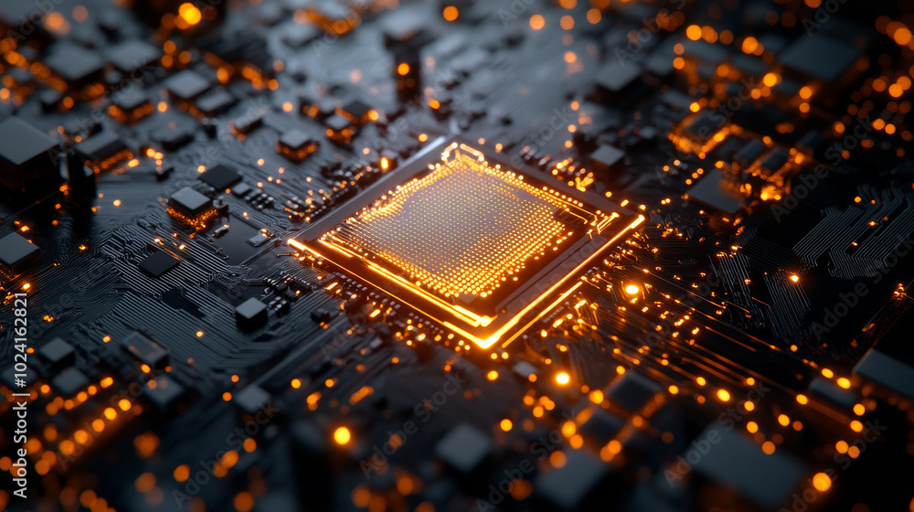 Poster a quantum cpu is a complex computer chip with futuristic components on a circuit board. it represent