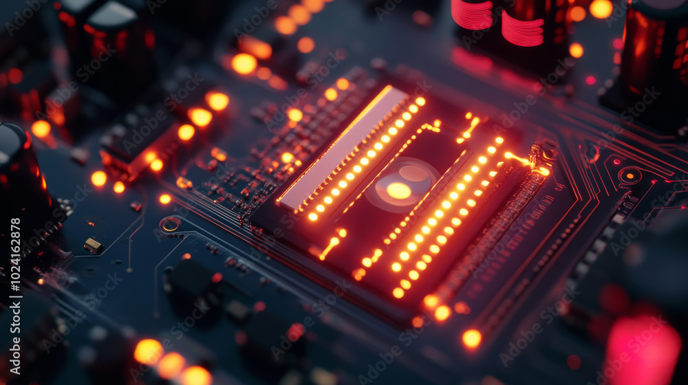 Poster a quantum cpu is a complex computer chip with futuristic components on a circuit board. it represent